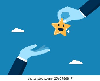 Encourage or praise success. Businessman standing on big hands and receiving a star award