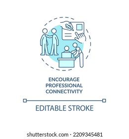 Encourage Professional Communications Blue Concept Icon. Friendly Work Environment Abstract Idea Thin Line Illustration. Isolated Outline Drawing. Editable Stroke. Arial, Myriad Pro-Bold Fonts Used