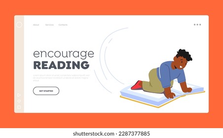 Encourage Reading Landing Page Template. Kid Is Flying Atop A Huge Book Soaring Through The Air With A Look Of Excitement On Face. Educational Or Imaginative Concept. Cartoon Vector Illustration