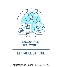 Encourage teamwork turquoise concept icon. Team-building events abstract idea thin line illustration. Staff meeting. Isolated outline drawing. Editable stroke. Arial, Myriad Pro-Bold fonts used