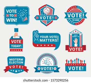 Encourage voting badges and stickers vector templates set. USA presidential elections campaign labels collection. American patriotic printable patches in blue and red colors isolated on white