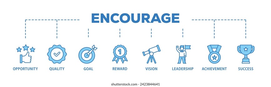 Encourage web banner icon vector illustration concept consists of opportunity, quality, goal, reward, vision, leadership, achievement, success icon live stroke and easy to edit