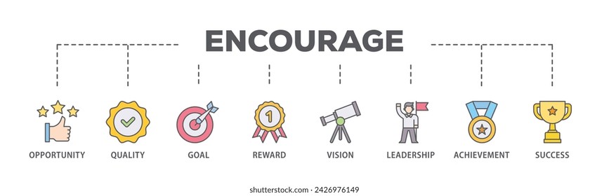 Encourage web banner icon vector illustration concept consists of opportunity, quality, goal, reward, vision, leadership, achievement, success icon live stroke and easy to edit