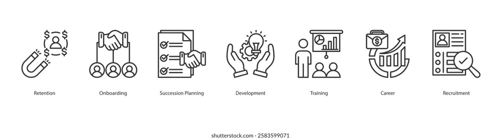 Encouragement And Assistance Icon Sheet Retention, Onboarding, Succession Planning, Development, Recruitment, Training, Career