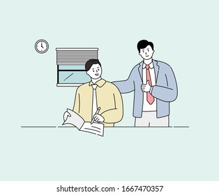 Encouragement Business Man  Illustration Set. Management, Teamwork, Leadership Vector Drawing. Hand Drawn Style.