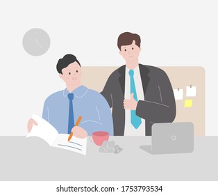 Encouragement business man  illustration set. management, teamwork, leadership Vector drawing. Hand drawn style.