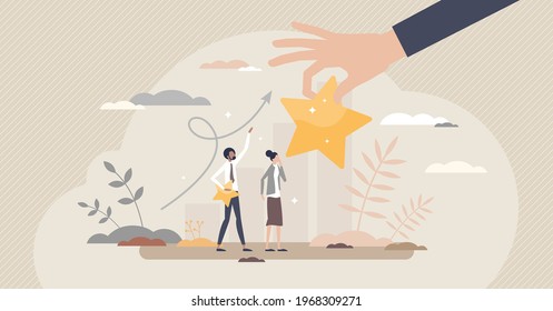 Encouragement with career raise and motivational reward tiny person concept. Work development and boss appreciation with symbolic star as bonus or salary increase vector illustration. Confidence boost