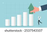 Encouragement to develop highly profitable business, motivation to achieve wealth, display of leadership skills to increase wages, economic and financial growth, large hand puts arrow on top of graph.