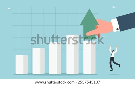 Encouragement to develop highly profitable business, motivation to achieve wealth, display of leadership skills to increase wages, economic and financial growth, large hand puts arrow on top of graph.