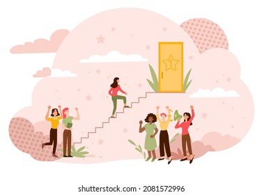 Encouragement for female career concept. Young woman climbs up career ladder to golden door. People clap and support girl. Aspiration and motivation. Cartoon contemporary flat vector illustration