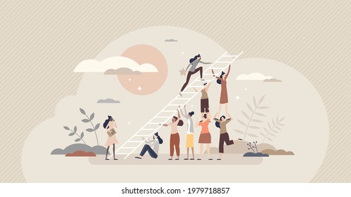 Encouragement for female career and woman motivation tiny person concept. Crowd appreciation and cheering with work support and collaboration vector illustration. Feminism bonus as confidence boost.