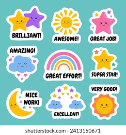 Encouragement good job, well done, excellent work stickers for kids, schoolers. Useful for teachers for motivation, learning, educational award, reward labels, badges. Stars, rainbows design.