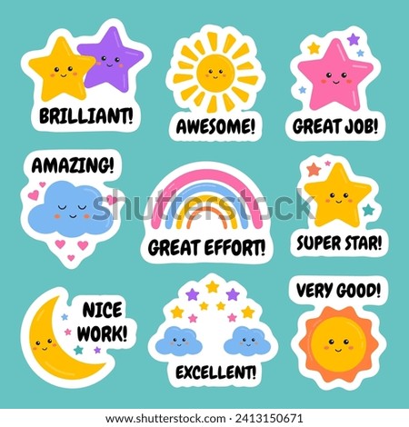 Encouragement good job, well done, excellent work stickers for kids, schoolers. Useful for teachers for motivation, learning, educational award, reward labels, badges. Stars, rainbows design.