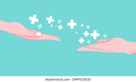 encouragement or making others happy, positive vibes concept, businessman's hand gives a positive health icon to his co-worker concept vector illustration