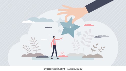 Encouragement And Positive Inspiration With Bonus Reward Tiny Person Concept. Employee Support And Cheering With Symbolic Approval Star Vector Illustration. Congratulation And Appreciation From Boss.