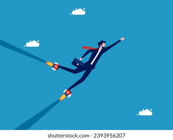 Encouragement and push. Businessman flying with rocket power