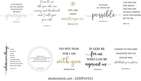 Encouraging Bible Verses set, Biblical Scripture Bundle, Christian quotes, religious sayings, vector illustration