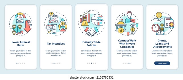 Encouraging business activity onboarding mobile app screen. Growth walkthrough 5 steps graphic instructions pages with linear concepts. UI, UX, GUI template. Myriad Pro-Bold, Regular fonts used