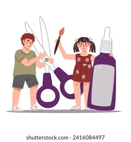 Förderung der Kreativität von Kindern durch Handwerk, um ihre Fantasie zu fördern und Fähigkeiten zu entwickeln. Kreativität und Handwerk Idee für Kindererziehung, Vektorgrafik auf weißem Hintergrund.