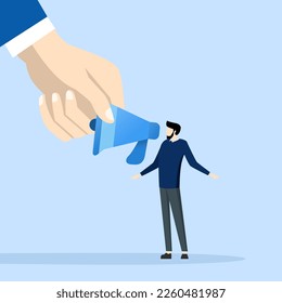 Encouraging employee voice, listening to ideas or communication, concept of encouraging staff, advocating or supporting opinion, contribution or help, employer offering megaphone to employee to speak.