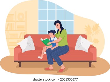 Encouraging kid to love reading 2D vector isolated illustration. Female parent reading book to daughter flat characters on cartoon background. Cognitive child development colourful scene