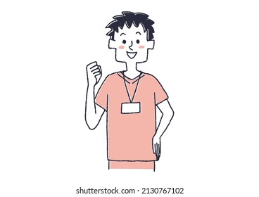 Encouraging nurse male, comical handwritten person illustration, simple coloring on vector line drawing, white background