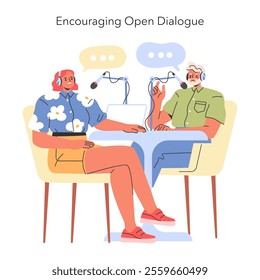 Encouraging Open Dialogue concept. Two people with headsets having a conversation over computers. Effective communication and teamwork. Vector illustration.