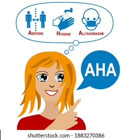 Encouraging sign with the AHA rule with German text "Distance, Hygiene, Everyday Mask". vector