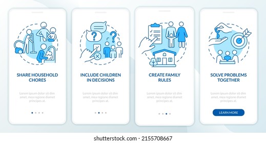 Encouraging teamwork blue onboarding mobile app screen. Family walkthrough 4 steps graphic instructions pages with linear concepts. UI, UX, GUI template. Myriad Pro-Bold, Regular fonts used