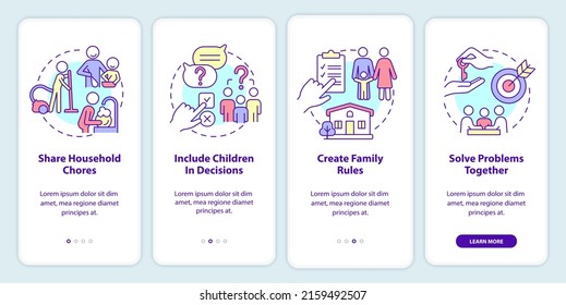 Encouraging teamwork onboarding mobile app screen. Family relationship walkthrough 4 steps graphic instructions pages with linear concepts. UI, UX, GUI template. Myriad Pro-Bold, Regular fonts used