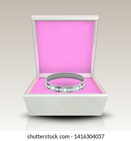 Encrusted Silver Ring In White Square Box Vector. Beautiful Present For Love Woman On Valentine Day Ring With Diamonds Around In Packaging With Pink Velvet Inner Sheathing. Realistic 3d Illustration
