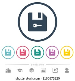 Encrypt file flat color icons in round outlines. 6 bonus icons included.