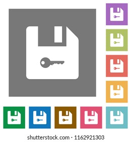 Encrypt file flat icons on simple color square backgrounds