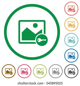 Encrypt image flat color icons in round outlines on white background