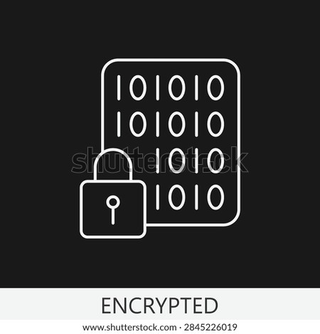 Encrypted Binary Code with Padlock Line Icon Vector Graphic, Modern Cybersecurity Data Protection, Safe Information Privacy Symbol, Confidential System File Storage.