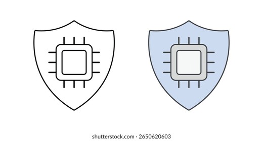 Ícone de chip criptografado com microchip dentro de um escudo, ideal para segurança de hardware, dispositivos criptografados e ilustrações de privacidade digital.