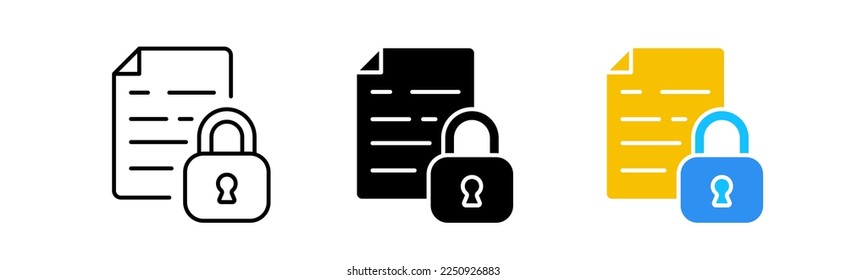 Encrypted document icons set. Document, contract, pen, signature, officially, statement, shares, investment, review, research, accounting. business concept. vector line icon in different styles