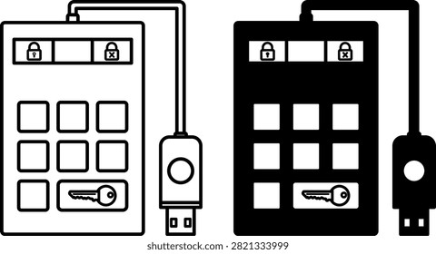 Encrypted Hard Drive Icons. Line and Glyph Vector Illustrations. A Drive With all Files Converted Into a Complex Secret Code Using Mathematical Rules. Lock, Key, and USB. Digital Forensics and Cyber ​​Detective Concept