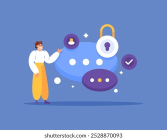 encrypted message concept. secure chat and secret messages. security and protection for communication. illustration of a man with a chat bubble or dialog and a padlock. flat style design. elements
