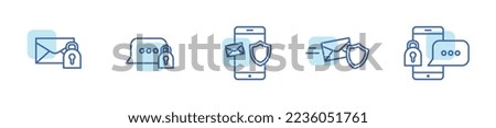Encrypted message service modern line icon set, private online texting concept, data protection flat style vector icons, smartphone lock emblems, network security shield symbols isolated on background