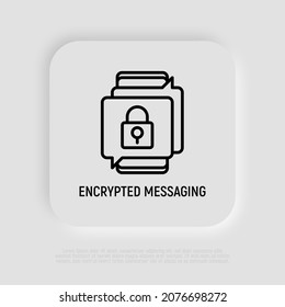Encrypted messaging thin line icon, locked text in speech bubbles. Modern vector illustration.