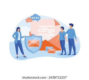 Encrypted, secure messenger concept. People stand near big shield, email letters, messages. Poster for social media, web page, banner, presentation. flat vector modern illustration 