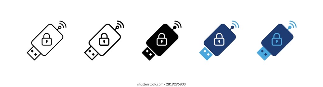 Encrypted USB dongle icon and wireless security flash drive with padlock symbol set featuring data protection hardware design, Vector illustration