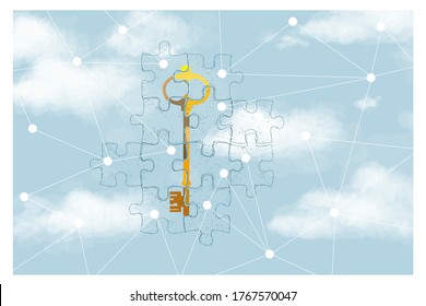 encryption algorithms and encryption of passwords, the protection of access to personal data, the concept. A key collected from elements on a cloud background