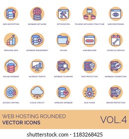 Encryption, database, optimization, folders network structure, monitoring, growing data, upload, browser, schedule service, traffic, scanning, cloud circuit, bug fixing web hosting rounded icons.