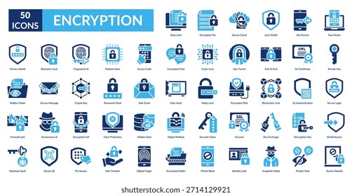 Encryption Fill Icon Set. Data Lock, Encrypted File, Secure Cloud, Lock Shield, Key Access, Two Factor, Private Key