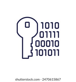 encryption icon, key and binary code, line vector