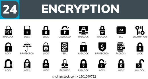 encryption icon set. 24 filled encryption icons.  Collection Of - Padlock, Lock, Unlocked, Ssl, Encryption, Protection, Unlock