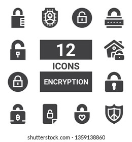 encryption icon set. Collection of 12 filled encryption icons included Protect, Padlock, Unlocked, Lock, Protection, Unlock