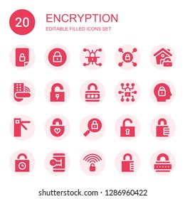 encryption icon set. Collection of 20 filled encryption icons included Unlocked, Padlock, Lock, Vpn, Unlock, Access, Padlocks